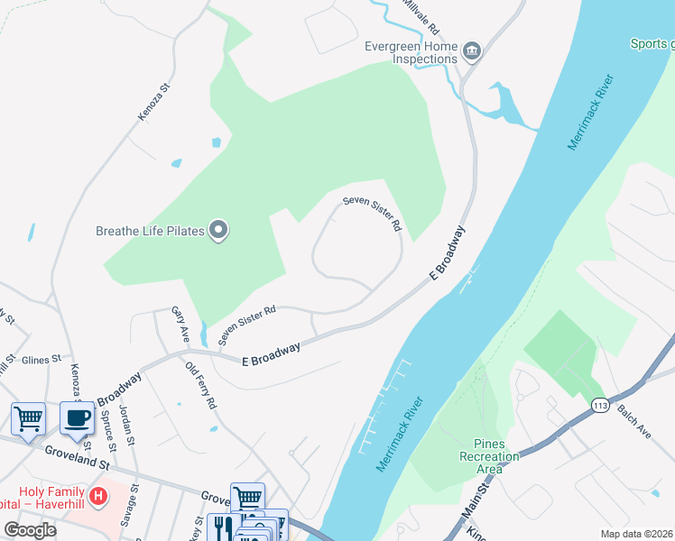 map of restaurants, bars, coffee shops, grocery stores, and more near 120 7 Sister Road in Haverhill