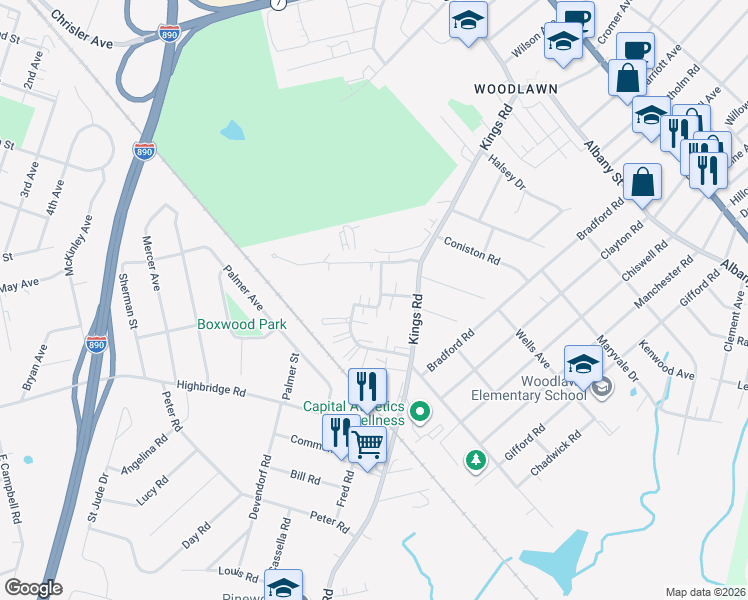 map of restaurants, bars, coffee shops, grocery stores, and more near 4310 Angela Court in Schenectady