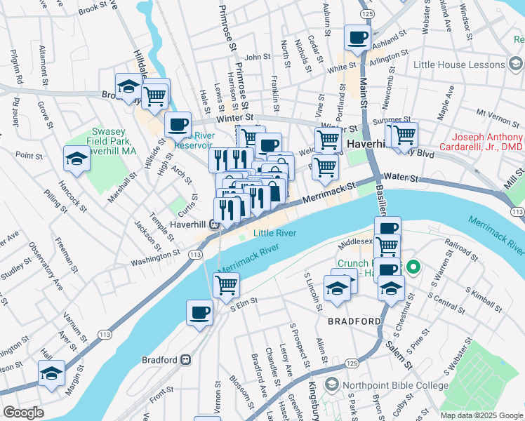 map of restaurants, bars, coffee shops, grocery stores, and more near 18 Essex Street in Haverhill