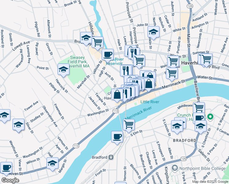 map of restaurants, bars, coffee shops, grocery stores, and more near 8 Arch Street in Haverhill