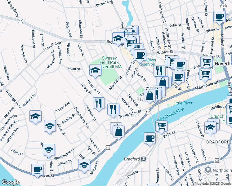 map of restaurants, bars, coffee shops, grocery stores, and more near 71 Jackson Street in Haverhill