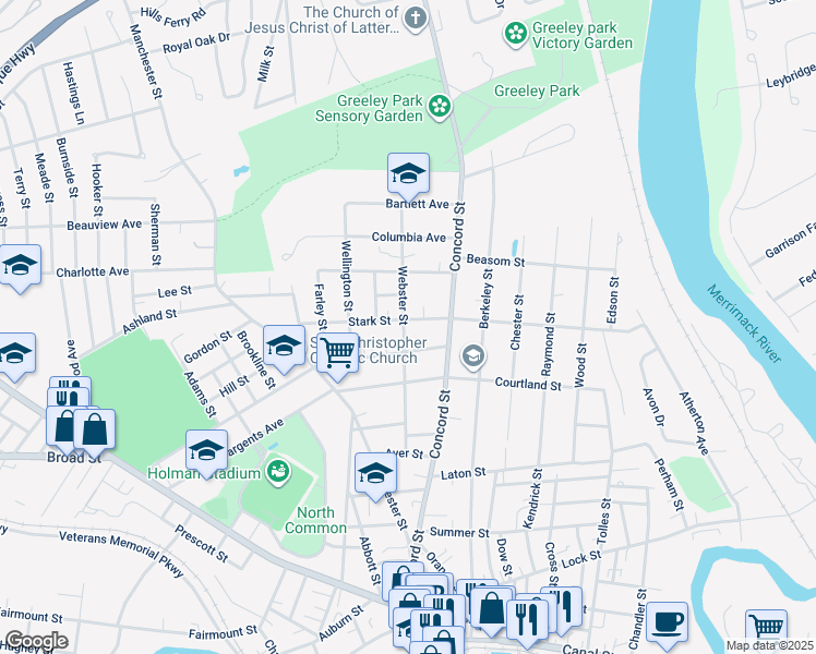 map of restaurants, bars, coffee shops, grocery stores, and more near 11 Stark Street in Nashua