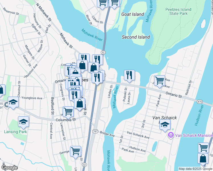 map of restaurants, bars, coffee shops, grocery stores, and more near 220 Ontario Street in Cohoes