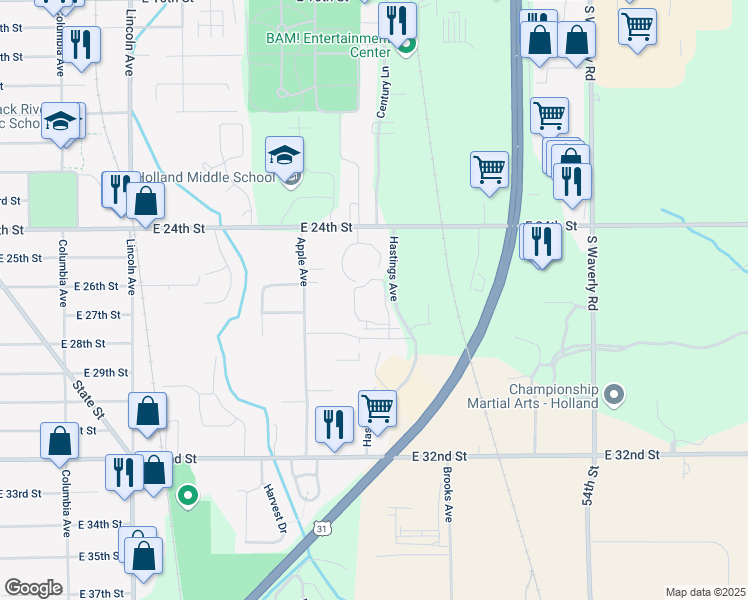 map of restaurants, bars, coffee shops, grocery stores, and more near 630 Hastings Avenue in Holland