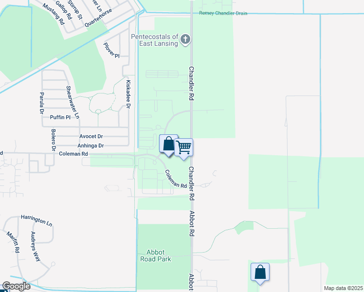 map of restaurants, bars, coffee shops, grocery stores, and more near 16476-16726 Chandler Rd in East Lansing