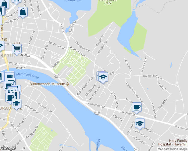 map of restaurants, bars, coffee shops, grocery stores, and more near 105 Buttonwoods Avenue in Haverhill