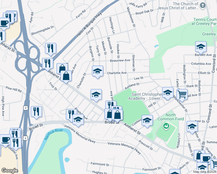 map of restaurants, bars, coffee shops, grocery stores, and more near 44 Edgewood Avenue in Nashua