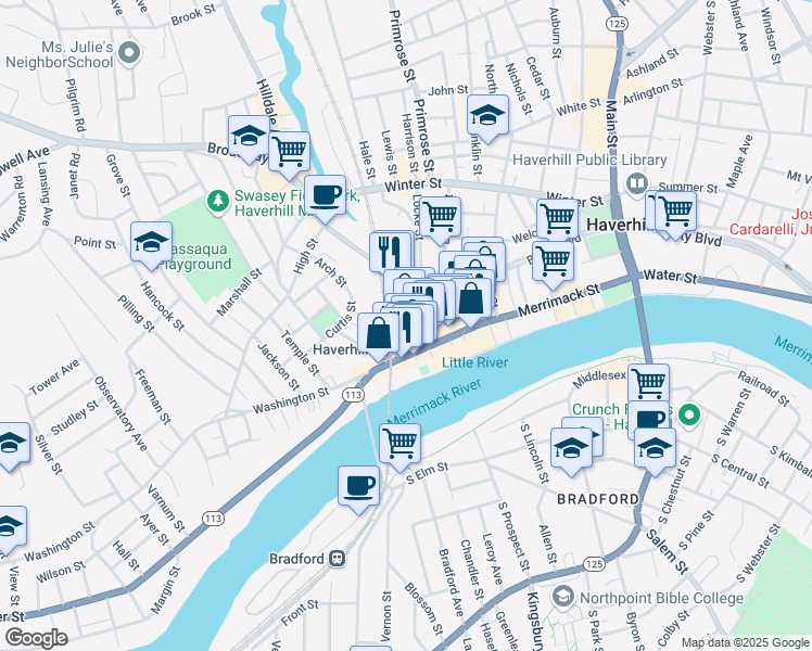 map of restaurants, bars, coffee shops, grocery stores, and more near 45 Wingate Street in Haverhill