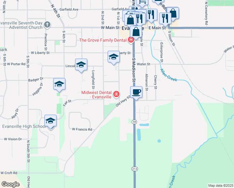 map of restaurants, bars, coffee shops, grocery stores, and more near 443 South 1st Street in Evansville