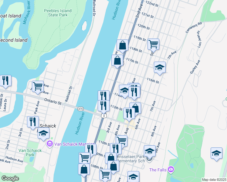 map of restaurants, bars, coffee shops, grocery stores, and more near 542 2nd Avenue in Troy