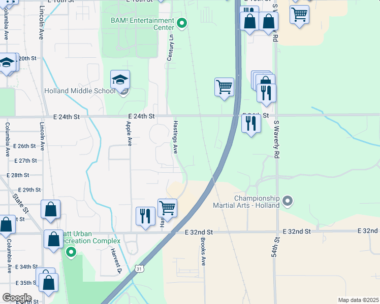 map of restaurants, bars, coffee shops, grocery stores, and more near 625 Hastings Avenue in Holland