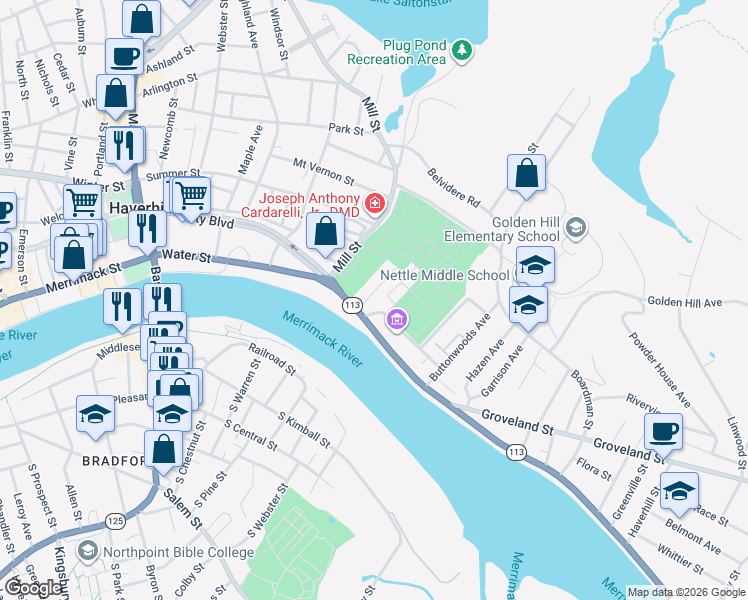 map of restaurants, bars, coffee shops, grocery stores, and more near 23 Eastern Avenue in Haverhill