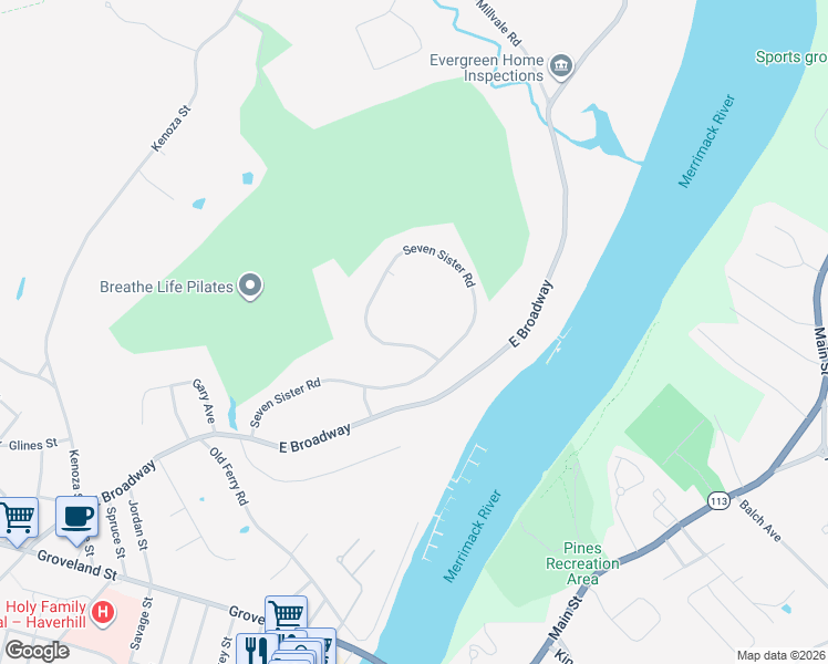 map of restaurants, bars, coffee shops, grocery stores, and more near 120 7 Sister Road in Haverhill