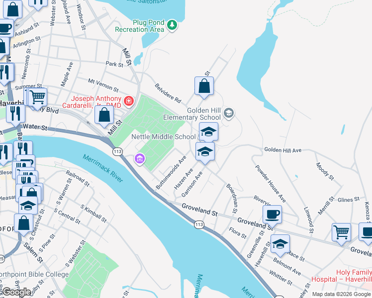 map of restaurants, bars, coffee shops, grocery stores, and more near 30 Woodbridge Street in Haverhill