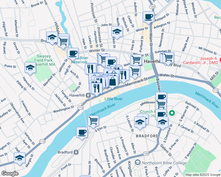 map of restaurants, bars, coffee shops, grocery stores, and more near 18 Essex Street in Haverhill