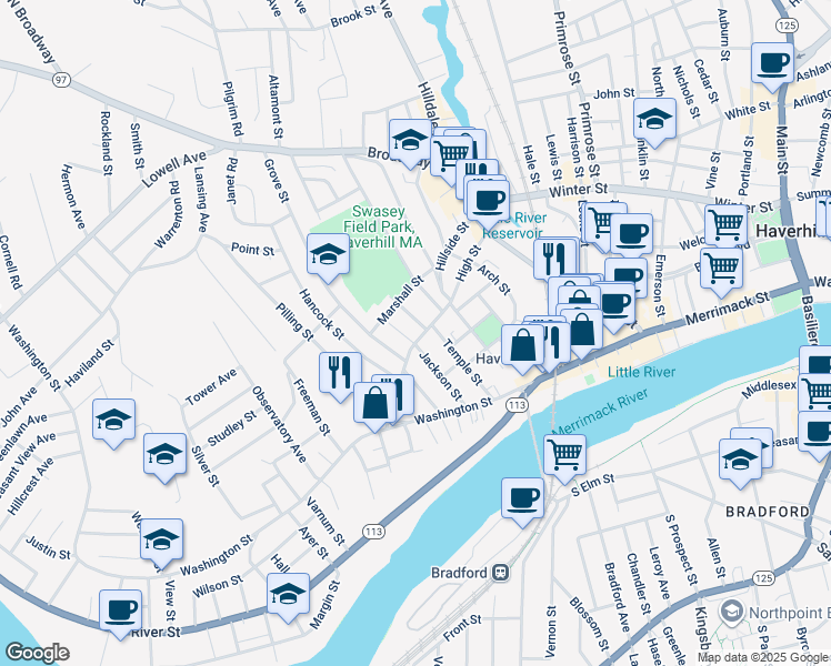 map of restaurants, bars, coffee shops, grocery stores, and more near 71 High Street in Haverhill