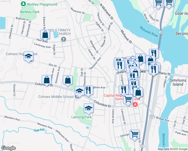 map of restaurants, bars, coffee shops, grocery stores, and more near 15 Broadway in Cohoes