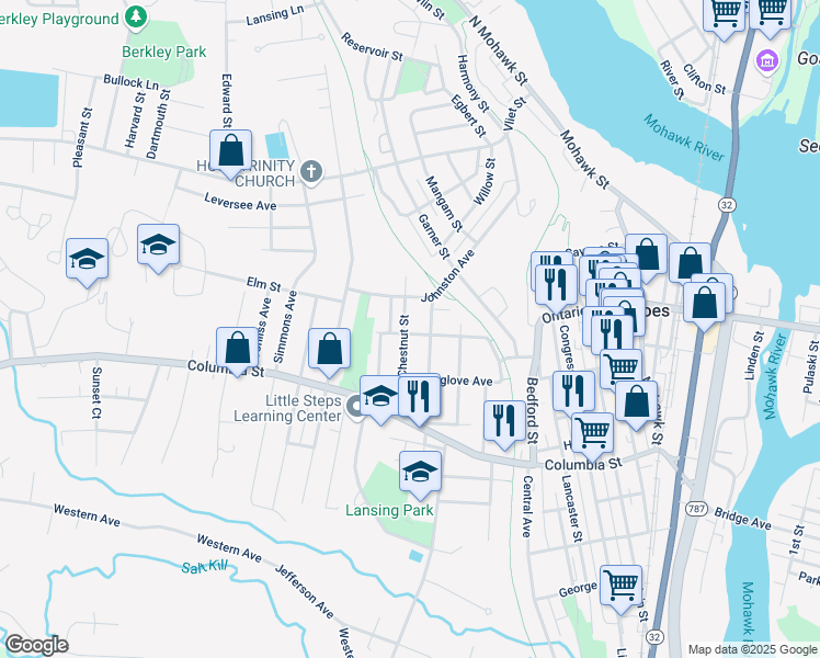 map of restaurants, bars, coffee shops, grocery stores, and more near 15 Broadway in Cohoes