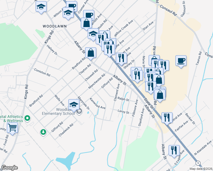 map of restaurants, bars, coffee shops, grocery stores, and more near 144 Gifford Road in Schenectady
