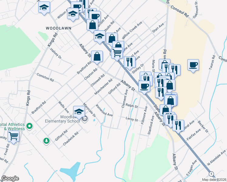 map of restaurants, bars, coffee shops, grocery stores, and more near 144 Gifford Road in Schenectady