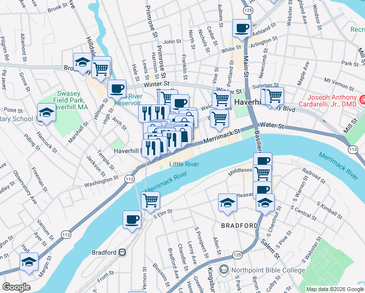 map of restaurants, bars, coffee shops, grocery stores, and more near 1 Washington Street in Haverhill