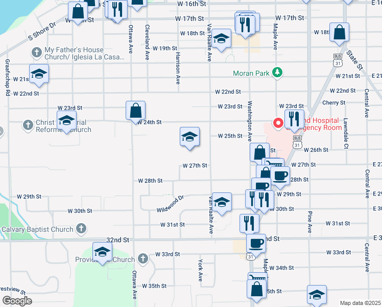 map of restaurants, bars, coffee shops, grocery stores, and more near 600 Van Raalte Avenue in Holland