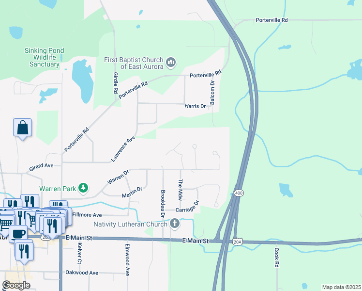 map of restaurants, bars, coffee shops, grocery stores, and more near 39 Tunbridge Walke in East Aurora