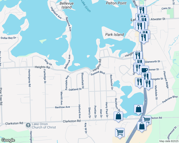 map of restaurants, bars, coffee shops, grocery stores, and more near 405 Heights Road in Orion charter Township