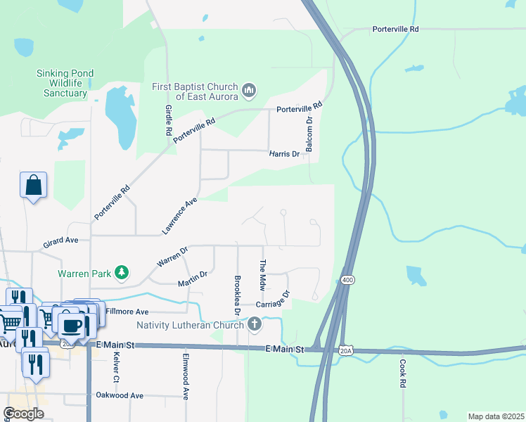 map of restaurants, bars, coffee shops, grocery stores, and more near 39 Tunbridge Walke in East Aurora