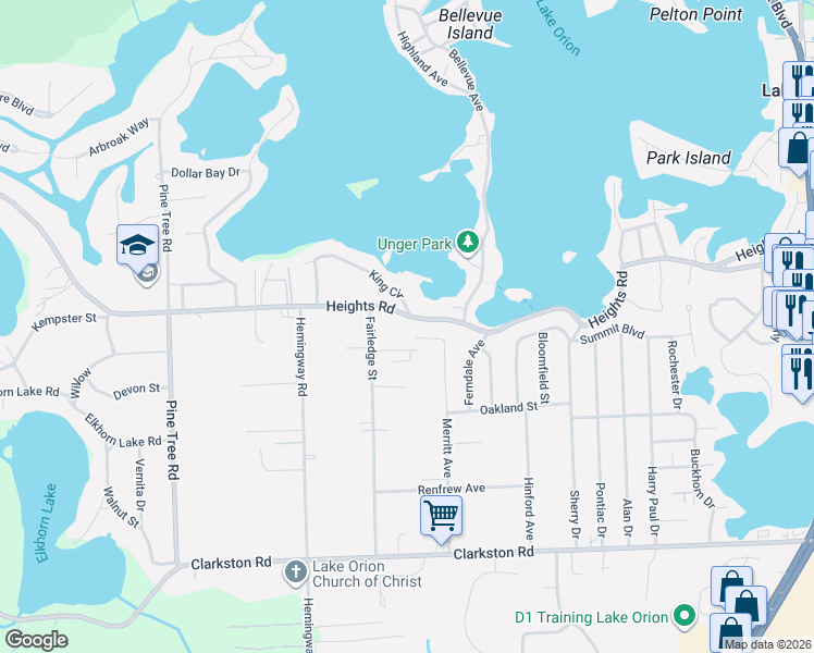 map of restaurants, bars, coffee shops, grocery stores, and more near 616 Heights Road in Orion charter Township