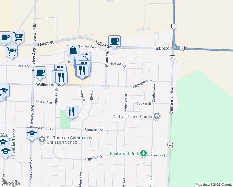 map of restaurants, bars, coffee shops, grocery stores, and more near 43 Lucas Road in St. Thomas