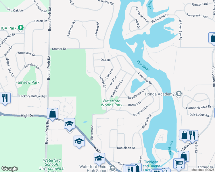 map of restaurants, bars, coffee shops, grocery stores, and more near 4317 Golf Drive in Waterford