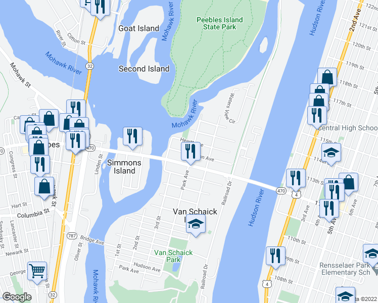 map of restaurants, bars, coffee shops, grocery stores, and more near 82 Park Avenue in Cohoes