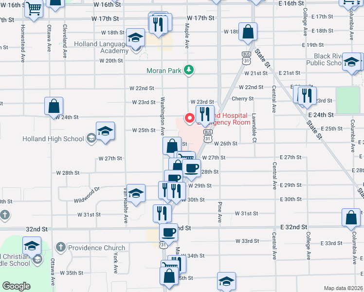 map of restaurants, bars, coffee shops, grocery stores, and more near 186 West 25th Street in Holland