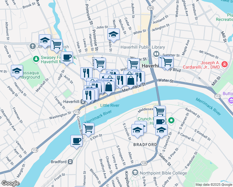 map of restaurants, bars, coffee shops, grocery stores, and more near in Haverhill