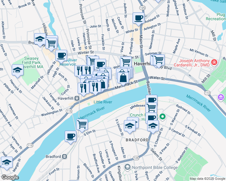 map of restaurants, bars, coffee shops, grocery stores, and more near 25 Washington Square in Haverhill