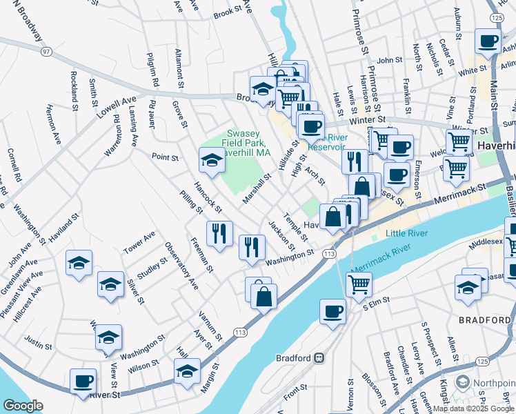 map of restaurants, bars, coffee shops, grocery stores, and more near 71 Jackson Street in Haverhill