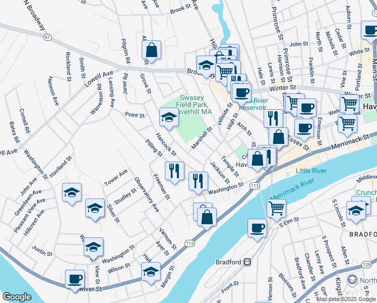 map of restaurants, bars, coffee shops, grocery stores, and more near 41 Grove Street in Haverhill