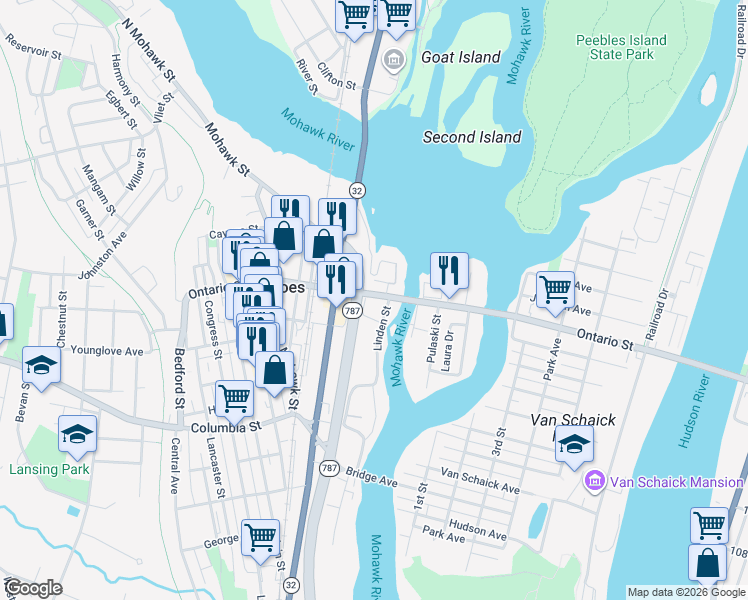 map of restaurants, bars, coffee shops, grocery stores, and more near 214 Ontario Street in Cohoes