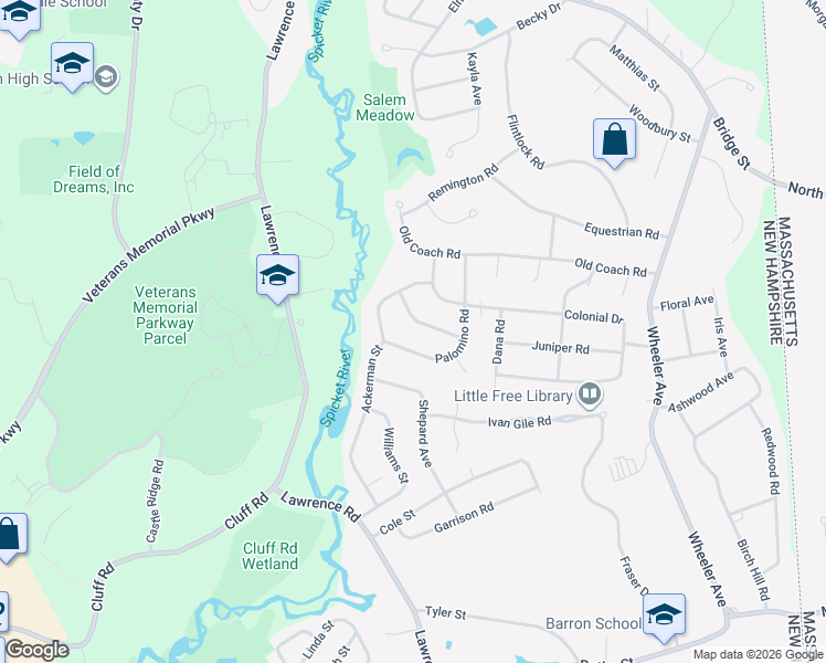 map of restaurants, bars, coffee shops, grocery stores, and more near 9 Clydesdale Road in Salem