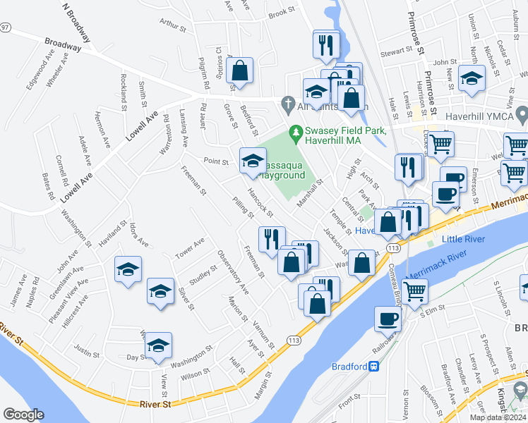 map of restaurants, bars, coffee shops, grocery stores, and more near 64 Hancock Street in Haverhill