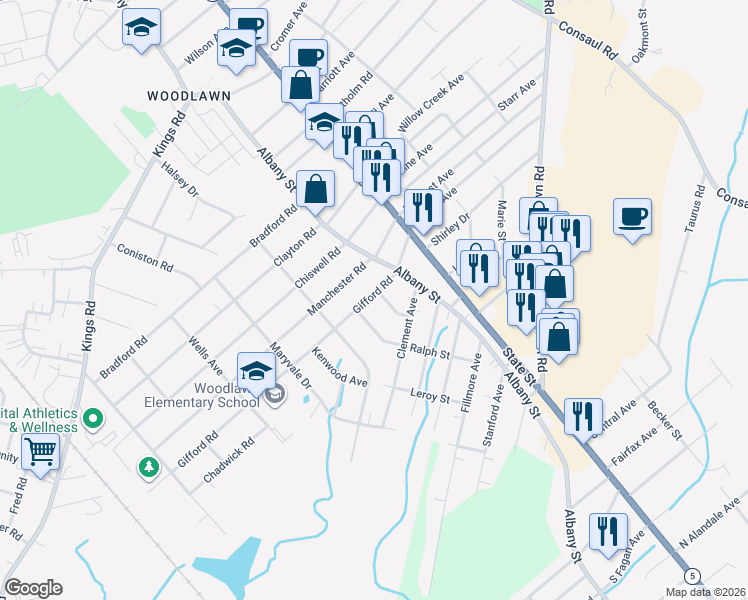 map of restaurants, bars, coffee shops, grocery stores, and more near 144 Gifford Road in Schenectady