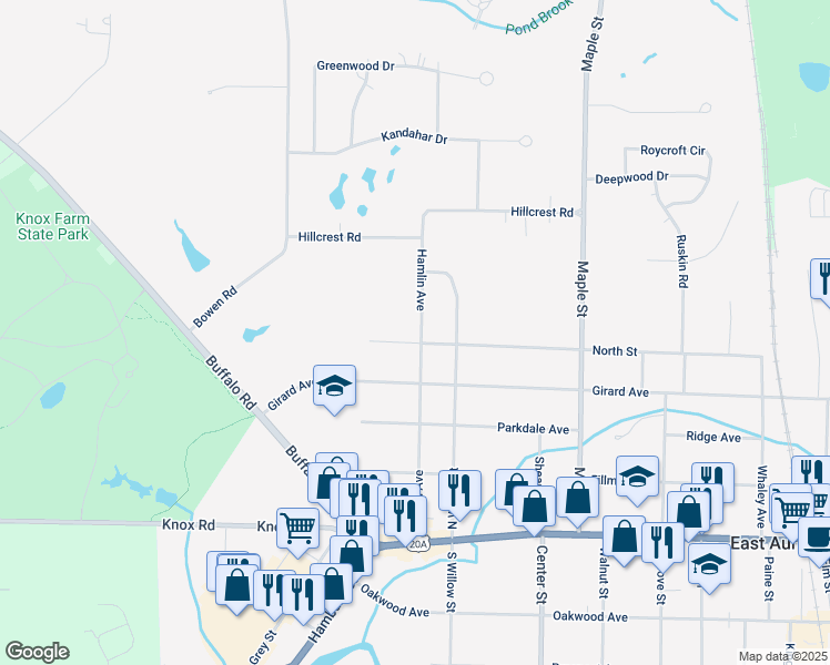 map of restaurants, bars, coffee shops, grocery stores, and more near 208 Hamlin Avenue in East Aurora