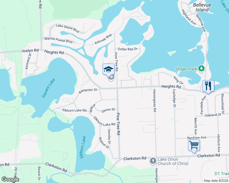 map of restaurants, bars, coffee shops, grocery stores, and more near 1011 Heights Road in Lake Orion