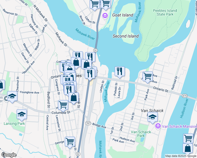map of restaurants, bars, coffee shops, grocery stores, and more near 220 Ontario Street in Cohoes