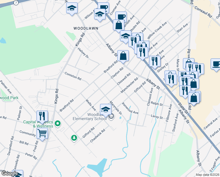 map of restaurants, bars, coffee shops, grocery stores, and more near 229 Chiswell Road in Schenectady