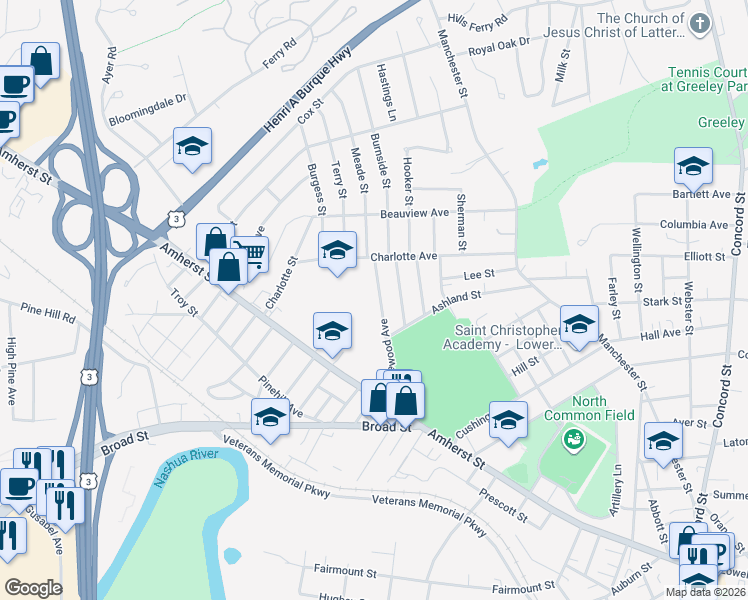map of restaurants, bars, coffee shops, grocery stores, and more near 44 Edgewood Avenue in Nashua