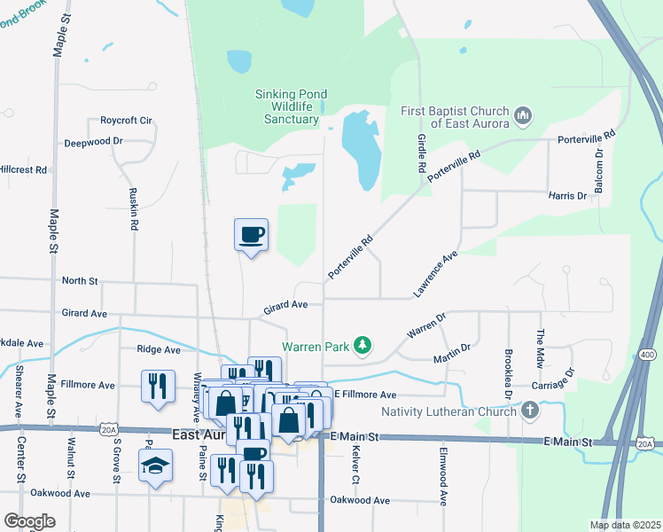 map of restaurants, bars, coffee shops, grocery stores, and more near 226 Pine Street in East Aurora