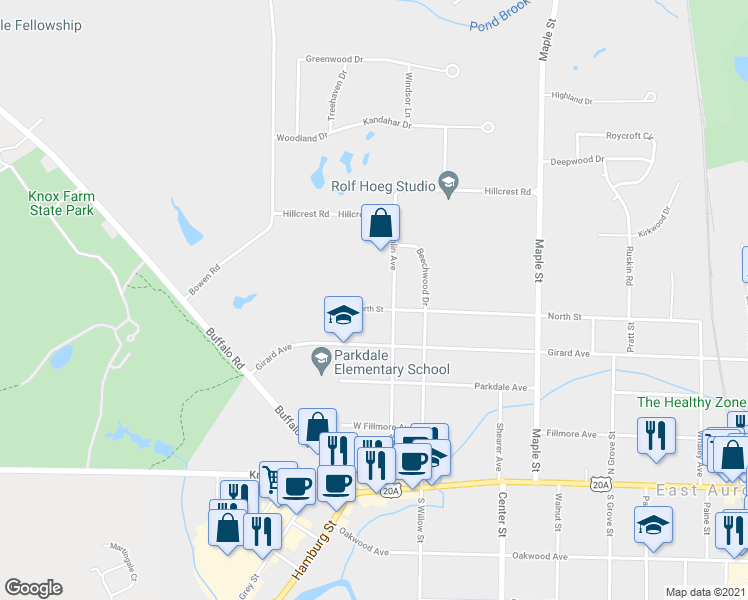 map of restaurants, bars, coffee shops, grocery stores, and more near 166 North Street in East Aurora