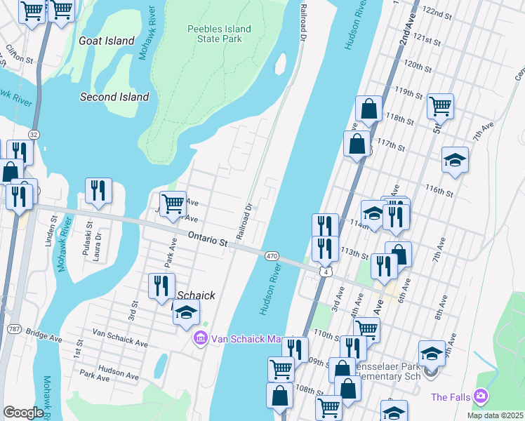 map of restaurants, bars, coffee shops, grocery stores, and more near 142 Riverwalk Way in Cohoes